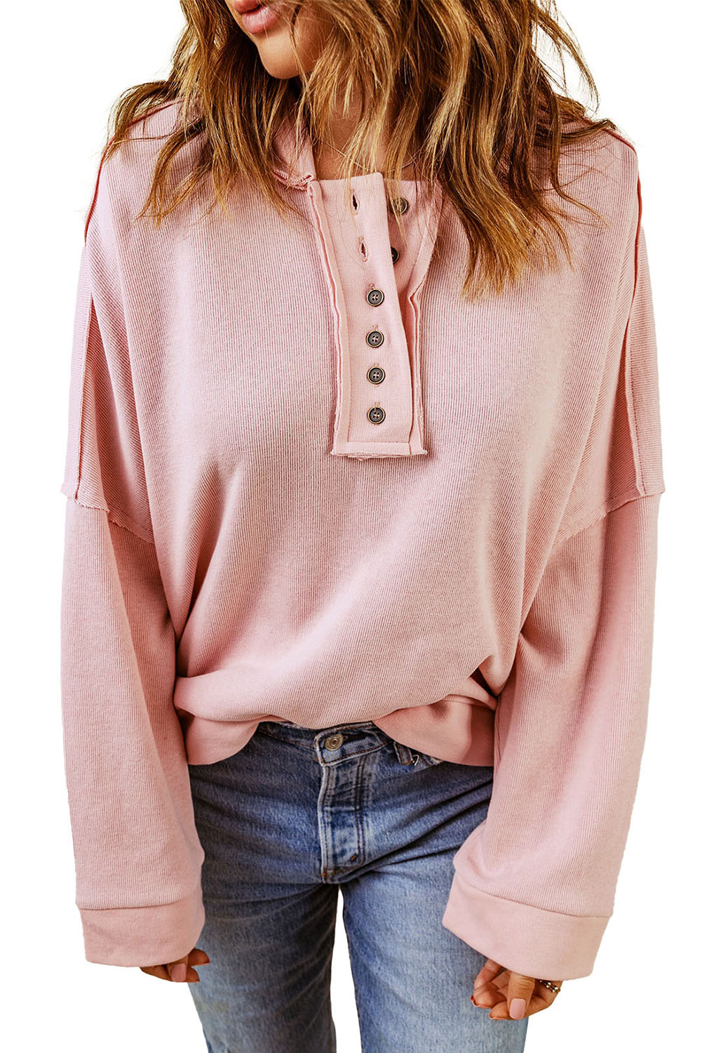 Pink Casual Button Solid Patchwork Trim Hoodie Sweatshirts & Hoodies JT's Designer Fashion