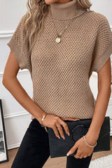 Apricot khaki Ribbed Turtleneck Textured Short Sleeve Sweater Sweaters & Cardigans JT's Designer Fashion