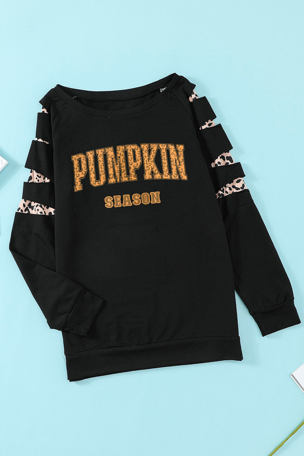 Black Leopard PUMPKIN SEASON Graphic Ripped Sleeve Sweatshirt Graphic Sweatshirts JT's Designer Fashion