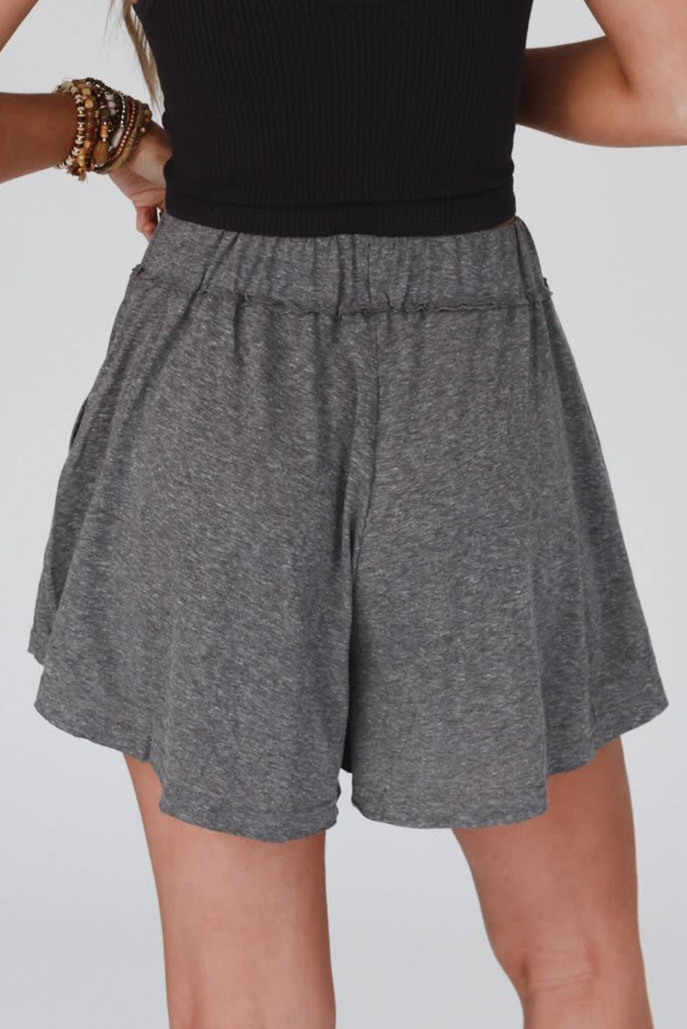 Gray Elastic Waist Loose Ruffle Shorts Bottoms JT's Designer Fashion