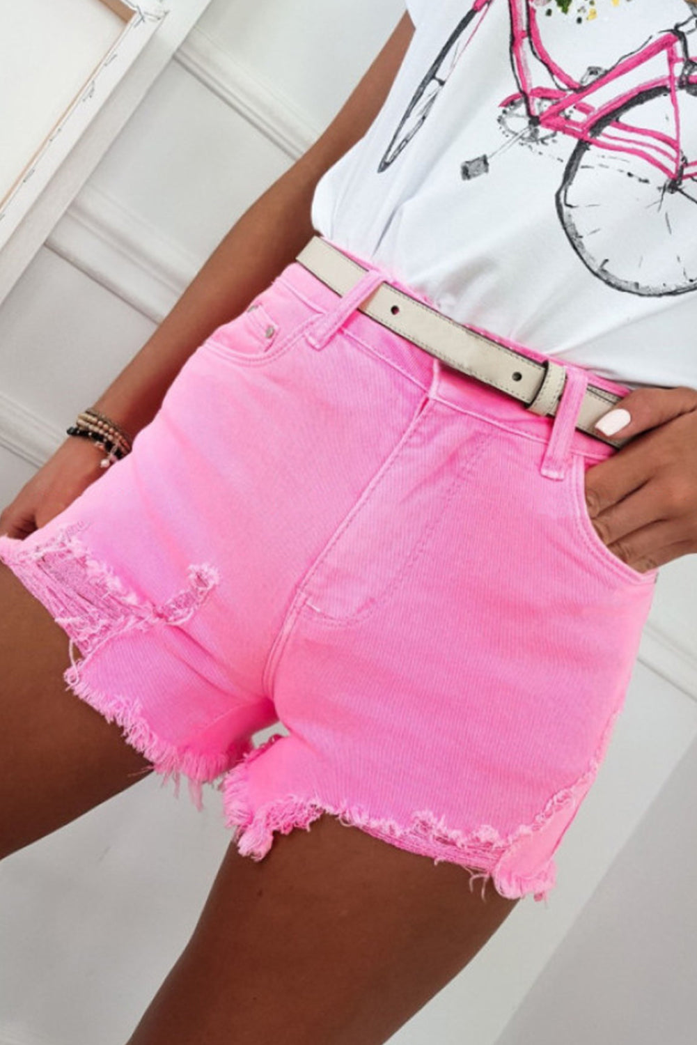 Rose Solid Color Distressed Denim Shorts Denim Shorts JT's Designer Fashion