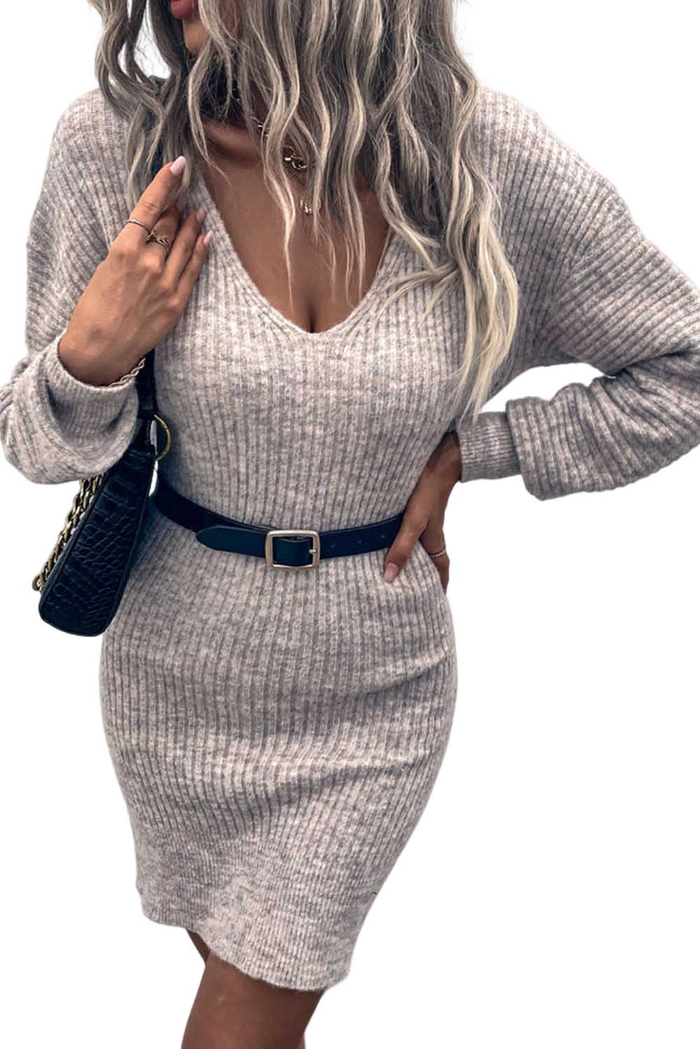 Gray V Neck Bodycon Sweater Dress Sweaters & Cardigans JT's Designer Fashion