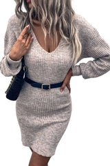 Gray V Neck Bodycon Sweater Dress Sweaters & Cardigans JT's Designer Fashion