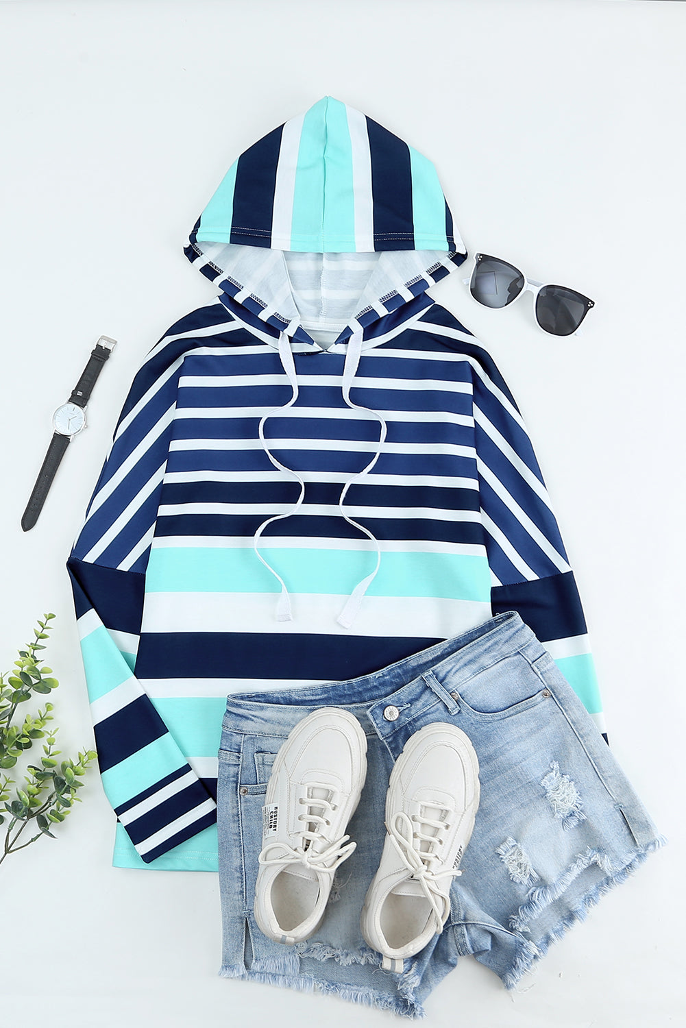 Multi Striped Drawstring Long Sleeve Hoodie Sweatshirts & Hoodies JT's Designer Fashion