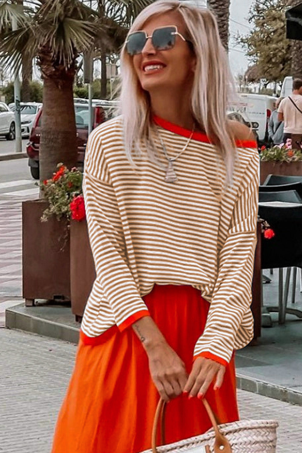 Brown Contrast Trimmed Striped Drop Shoulder Sweater Sweaters & Cardigans JT's Designer Fashion