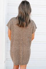 Simply Taupe Patch Pocket Ribbed Knit Short Sleeve Sweater Dress Dresses JT's Designer Fashion