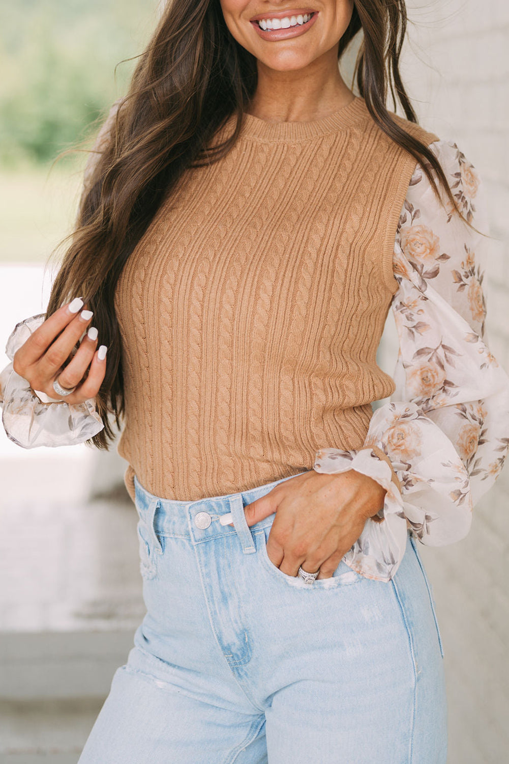 Sheepskin Floral Patchwork Ruffled Cuff Cable Knit Sweater Sweaters & Cardigans JT's Designer Fashion