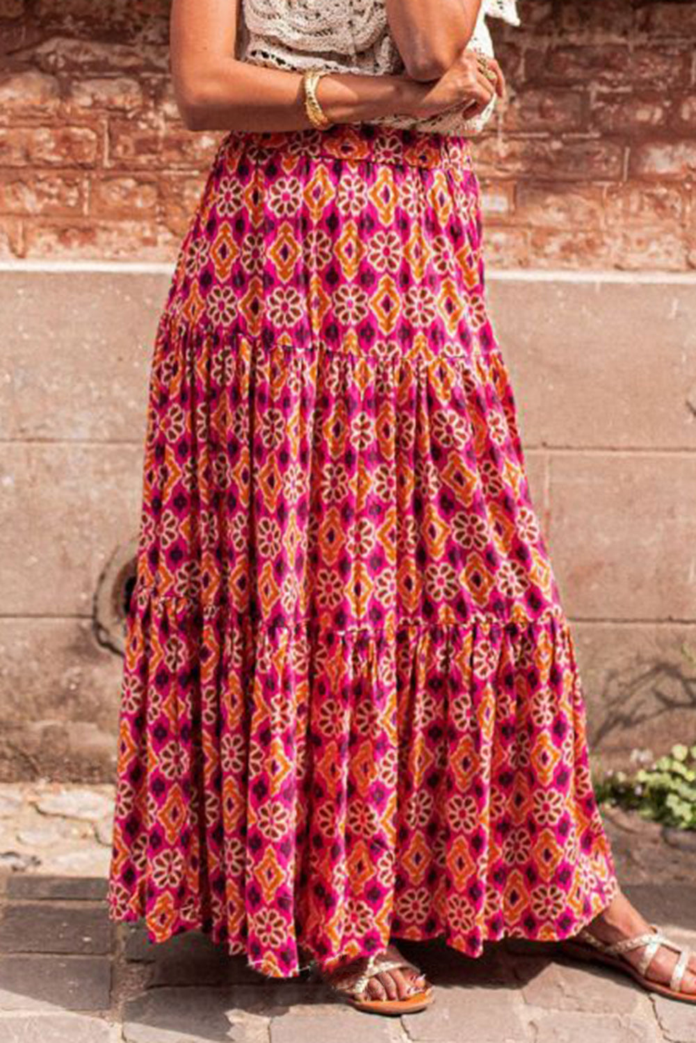 Rose Geometric Floral Print Tiered Maxi Skirt Bottoms JT's Designer Fashion