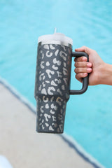 Gray Leopard Print 40OZ Stainless Steel Portable Cup with Handle Tumblers JT's Designer Fashion