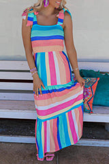 Multicolor Color Block Striped Bow Knot Straps Long Dress Multicolor 95%Polyester+5%Elastane Maxi Dresses JT's Designer Fashion