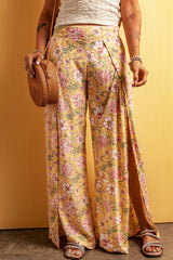 Yellow Thigh High Split Wide Leg Floral Pants Bottoms JT's Designer Fashion
