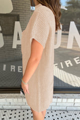 Oatmeal Patch Pocket Ribbed Knit Short Sleeve Sweater Dress Dresses JT's Designer Fashion