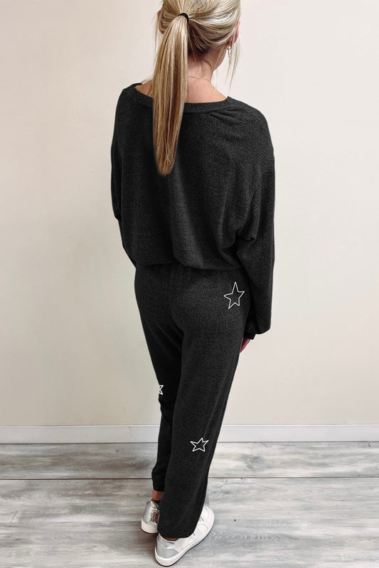 Black Stars Print Long Sleeve Drawstring High Waist Lounge Set Bottoms JT's Designer Fashion