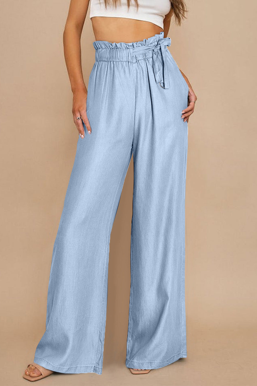 Sky Blue High Waist Pocketed Wide Leg Tencel Jeans Sky Blue 66.5%Lyocell+23.9%Polyester+8.2%Cotton+1.4%Elastane Jeans JT's Designer Fashion