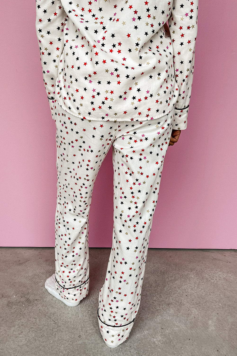 White Contrast Pipping Star Print Long Sleeve and Pants Pajamas Set Loungewear JT's Designer Fashion