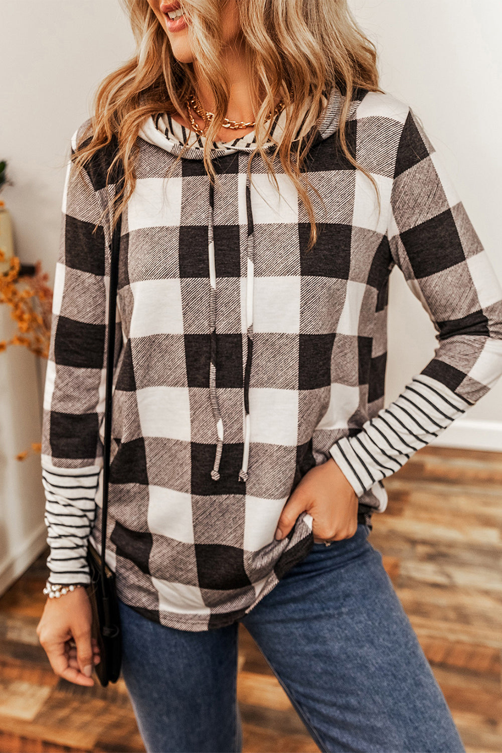 Multicolour Plaid Striped Patchwork Slim Fit Drawstring Hoodie Sweatshirts & Hoodies JT's Designer Fashion