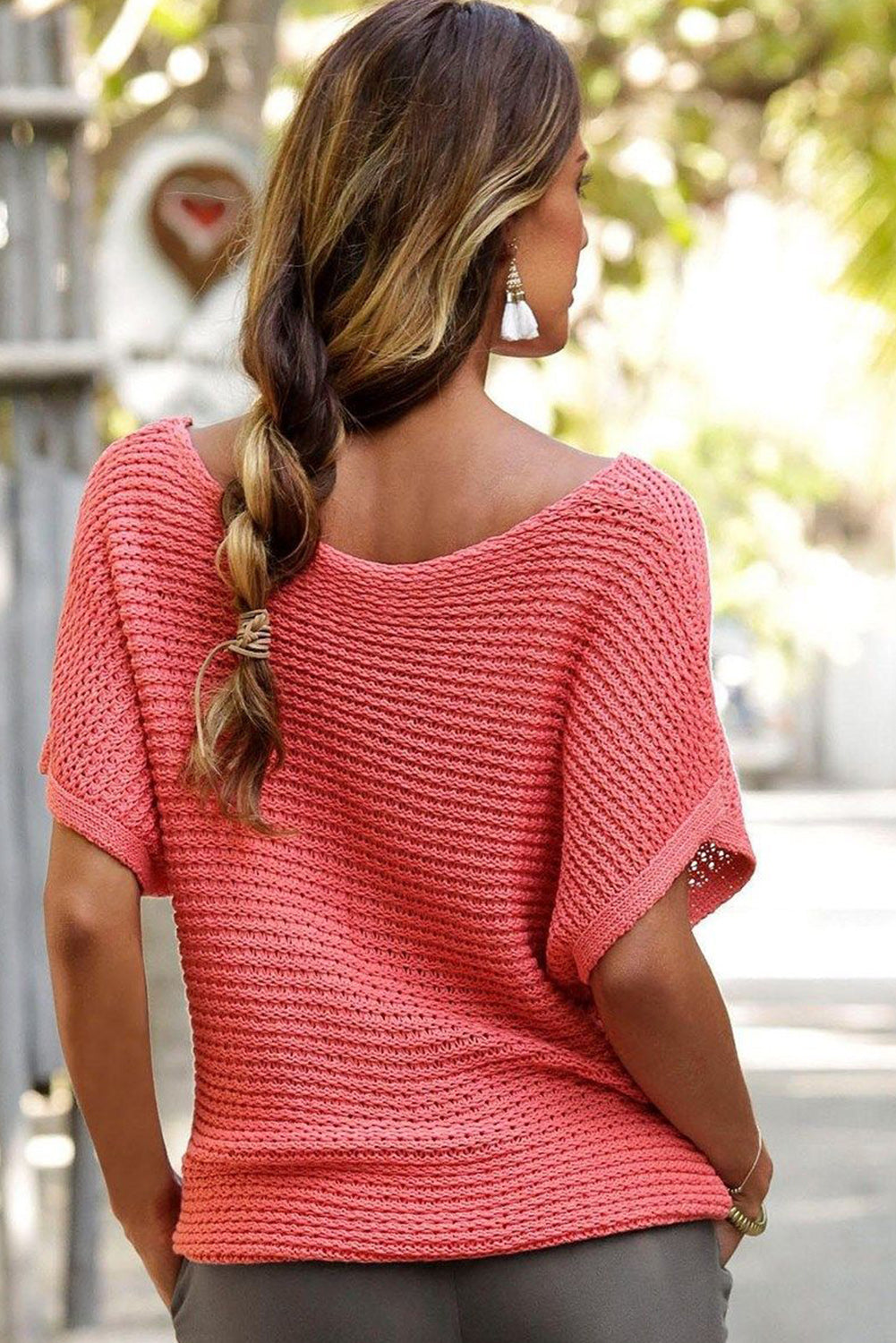 Red Clay Solid Loose Knit Short Dolman Sleeve Sweater Sweaters & Cardigans JT's Designer Fashion