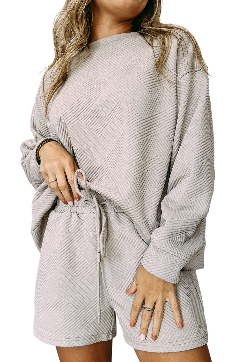 Gray Textured Long Sleeve Top and Drawstring Shorts Set Loungewear JT's Designer Fashion