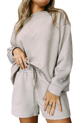Gray Textured Long Sleeve Top and Drawstring Shorts Set Loungewear JT's Designer Fashion