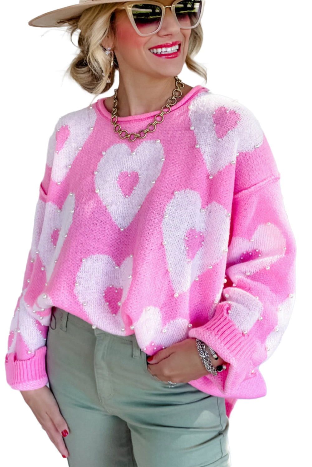 Bonbon Pearl Beaded Floral Drop Shoulder Sweater Sweaters & Cardigans JT's Designer Fashion