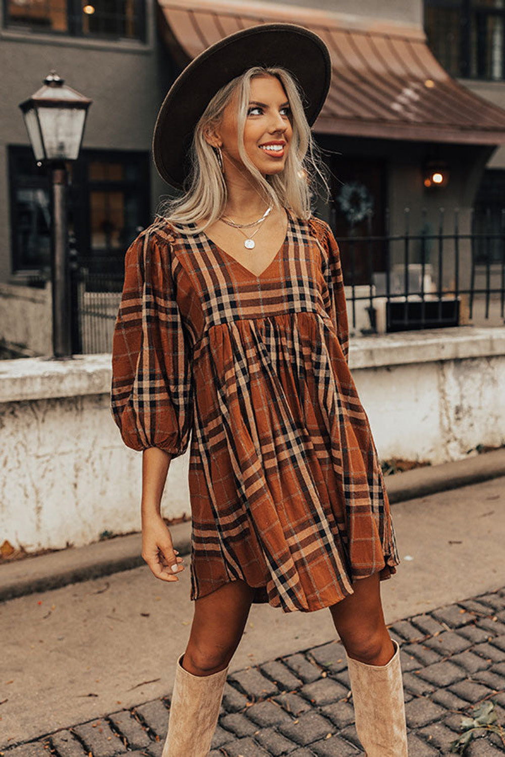 Brown Plaid Pattern Frilled Shoulder Empire Waist Babydoll Dress Dresses JT's Designer Fashion