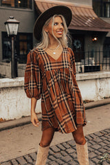 Brown Plaid Pattern Frilled Shoulder Empire Waist Babydoll Dress Dresses JT's Designer Fashion