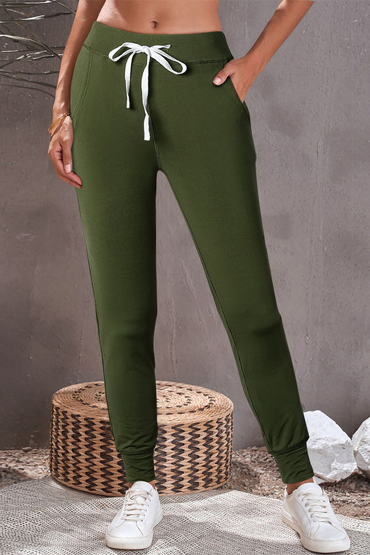 Moss Green Drawstring Waist Pocketed Joggers Bottoms JT's Designer Fashion