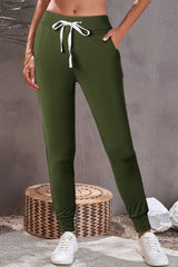 Moss Green Drawstring Waist Pocketed Joggers Bottoms JT's Designer Fashion