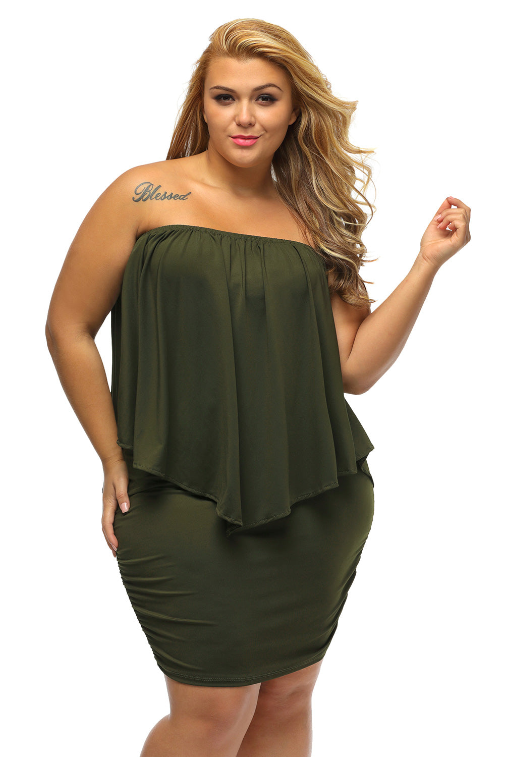 Plus Size Multiple Dressing Layered Army Green Mini Poncho Dress Plus Size Dresses JT's Designer Fashion