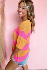 Orange Stripe Color Block Short Sleeve Knitted Sweater T Shirt Sweaters & Cardigans JT's Designer Fashion