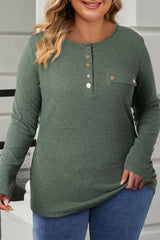Mist Green Plus Size Buttons Front Long Sleeve Knit Tee Plus Size JT's Designer Fashion