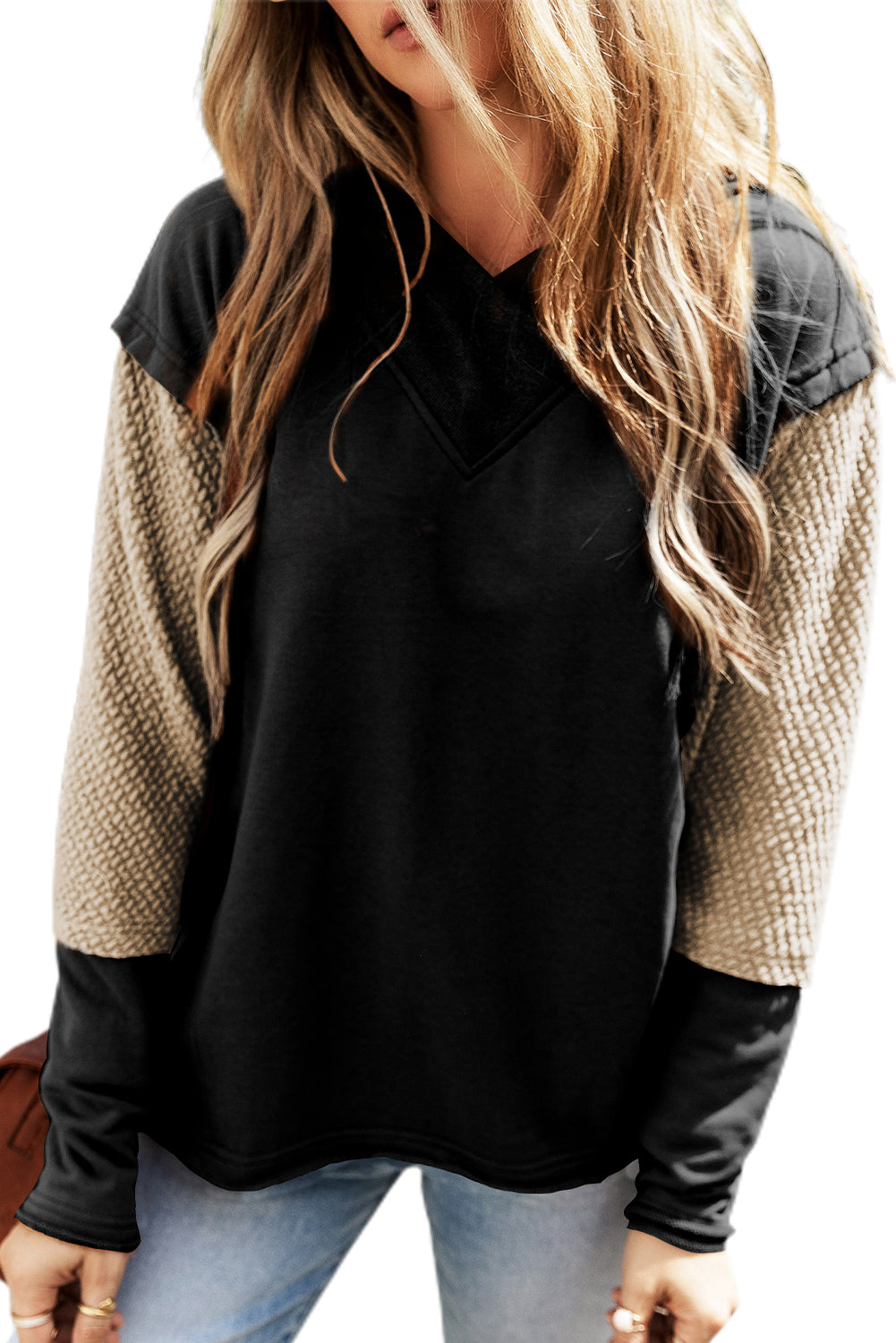 Black Contrast Splicing Sleeves Hooded Sweatshirt Sweatshirts & Hoodies JT's Designer Fashion