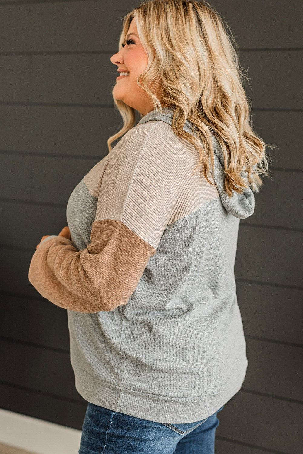 Multicolour Plus Size Colorblock Drop Shoulder Balloon Sleeve Hoodie Plus Size JT's Designer Fashion