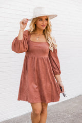 Brown Suede Square Neck Flared Dress Dresses JT's Designer Fashion