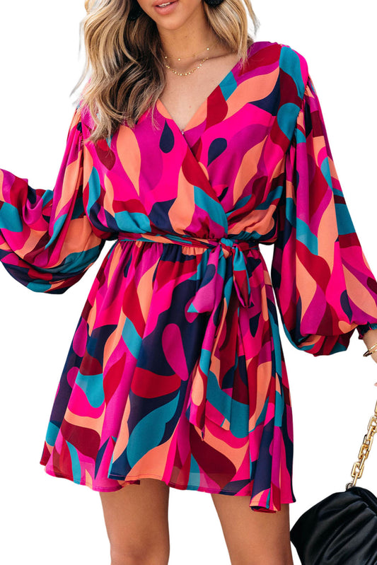 Red Abstract Printed Belted Puff Sleeve Mini Dress Mini Dresses JT's Designer Fashion