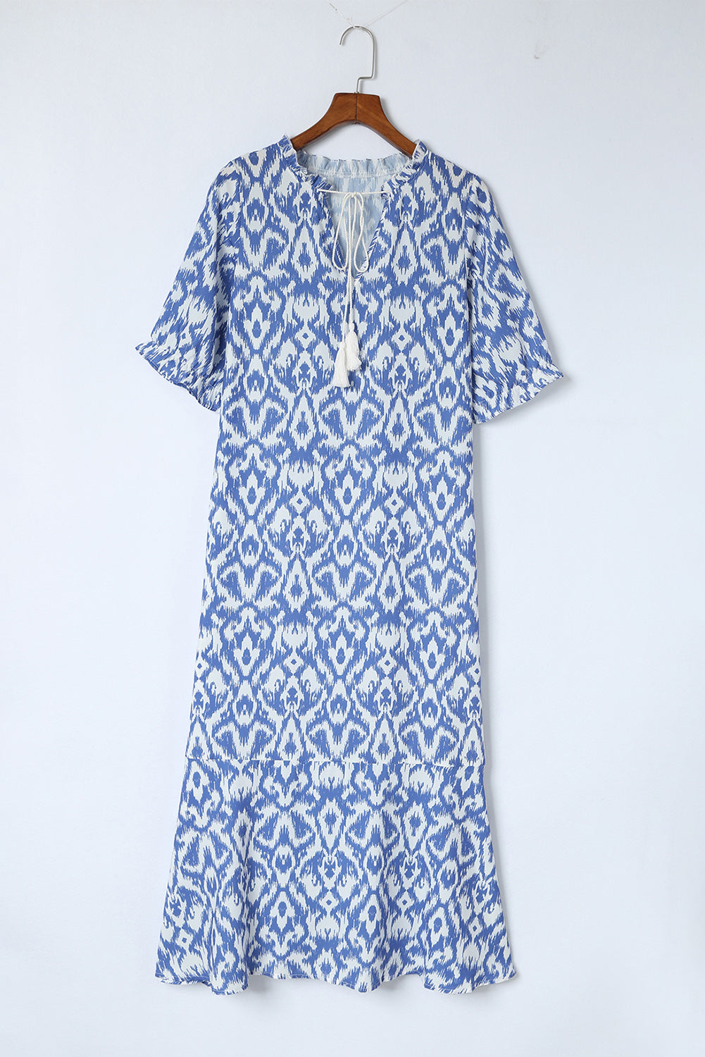 Sky Blue V Neck Casual Geometric Print Long Dress Maxi Dresses JT's Designer Fashion