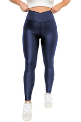 Navy Blue Crossed Dip Waist Sleek Leather Leggings Bottoms JT's Designer Fashion