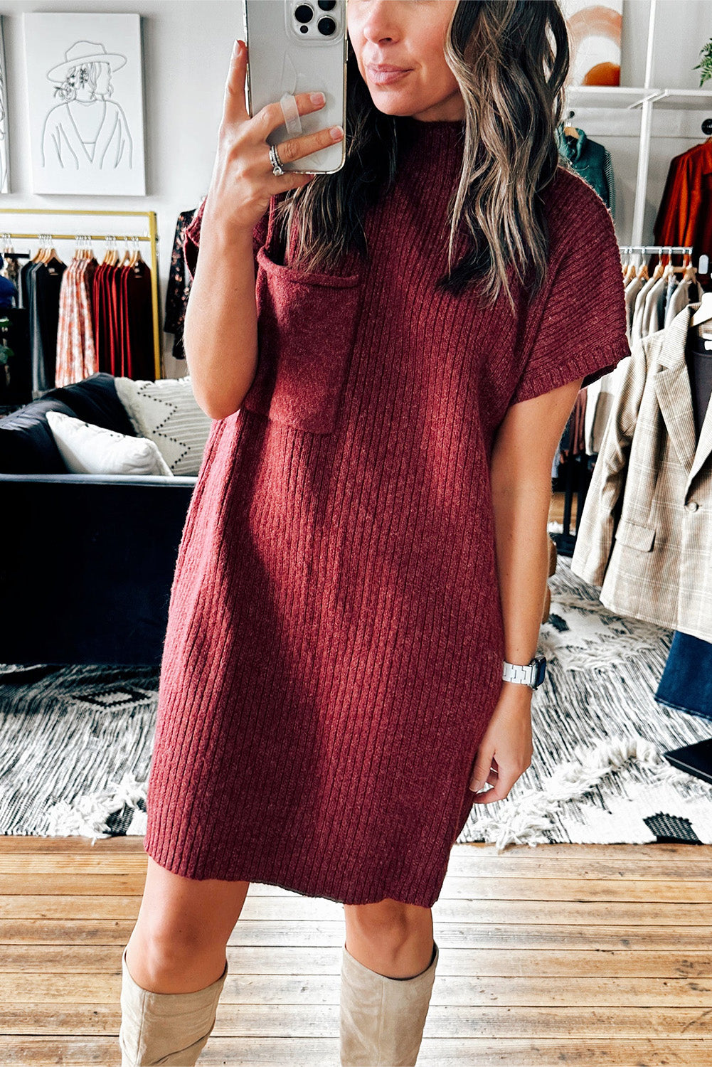 Ruby Patch Pocket Ribbed Knit Short Sleeve Sweater Dress Dresses JT's Designer Fashion