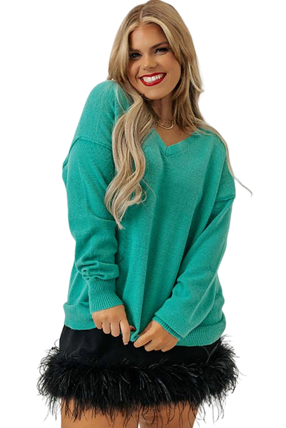 Green Plus Size Drop Shoulder V Neck Sweater Plus Size JT's Designer Fashion