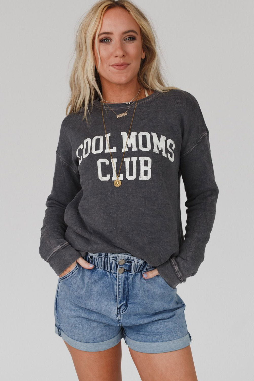 Gray COOL MOMS CLUB Drop Shoulder Sweatshirt Sweatshirts & Hoodies JT's Designer Fashion