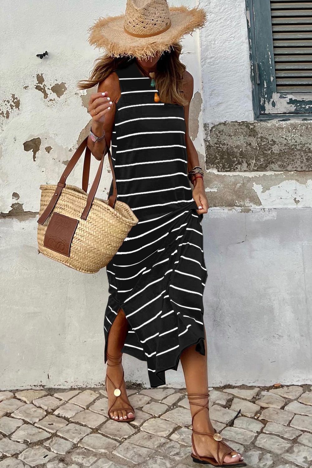 Black Stripe Print Open Back Sleeveless Long Dress with Slits Maxi Dresses JT's Designer Fashion