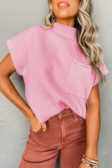 Pink Patch Pocket Ribbed Knit Short Sleeve Sweater Sweaters & Cardigans JT's Designer Fashion