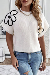 White Floral Pattern Short Batwing Sleeve Sweater Sweaters & Cardigans JT's Designer Fashion