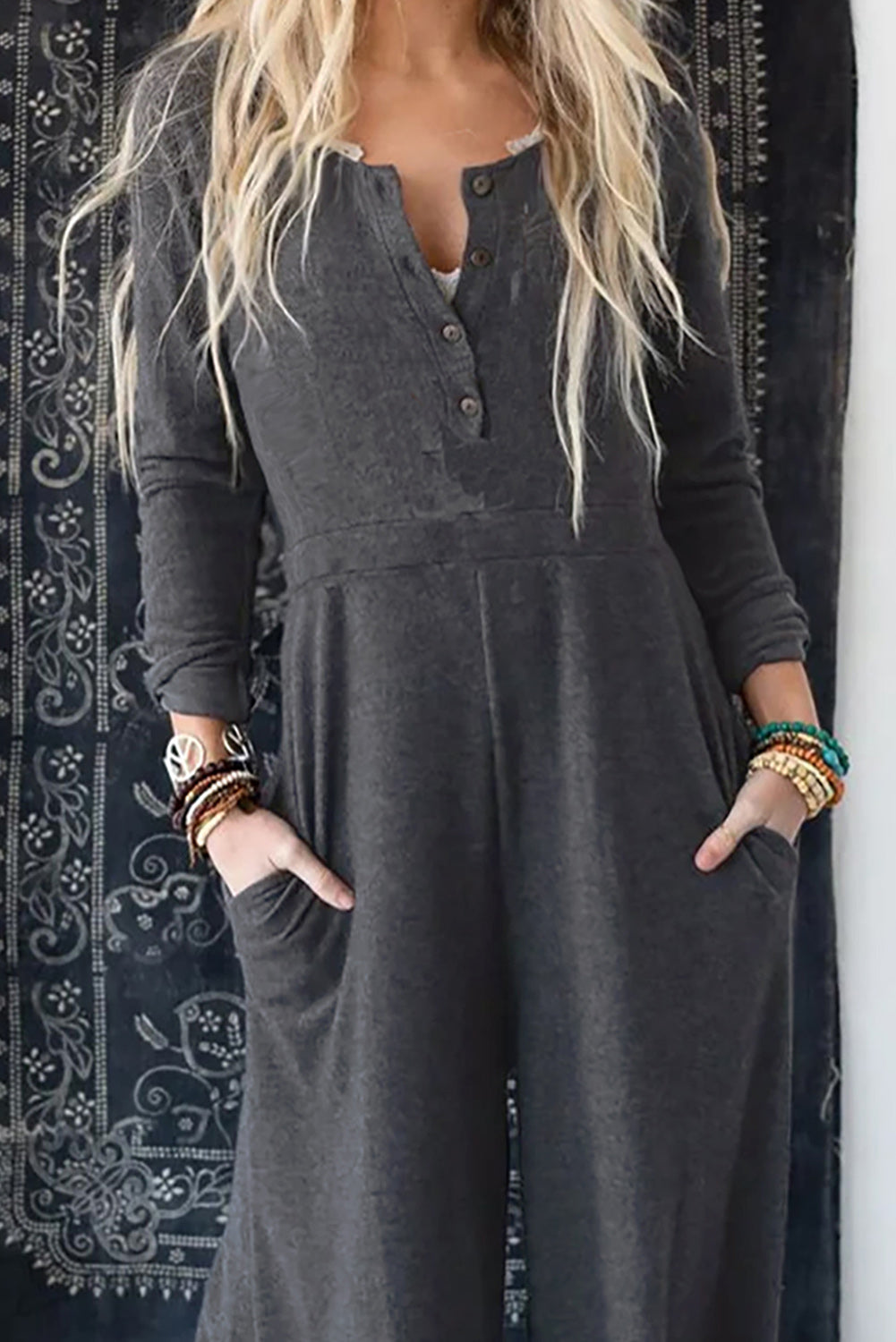 Gray Button Long Sleeve Wide Leg Jumpsuit Jumpsuits & Rompers JT's Designer Fashion