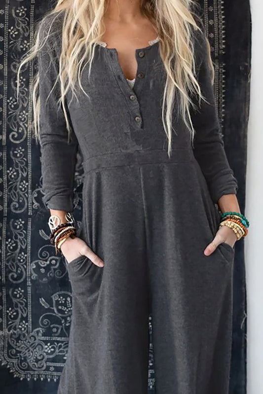 Gray Button Long Sleeve Wide Leg Jumpsuit Jumpsuits & Rompers JT's Designer Fashion