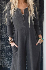 Gray Button Long Sleeve Wide Leg Jumpsuit Jumpsuits & Rompers JT's Designer Fashion