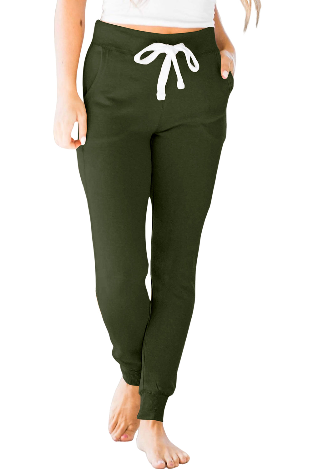 Moss Green Drawstring Waist Pocketed Joggers Bottoms JT's Designer Fashion