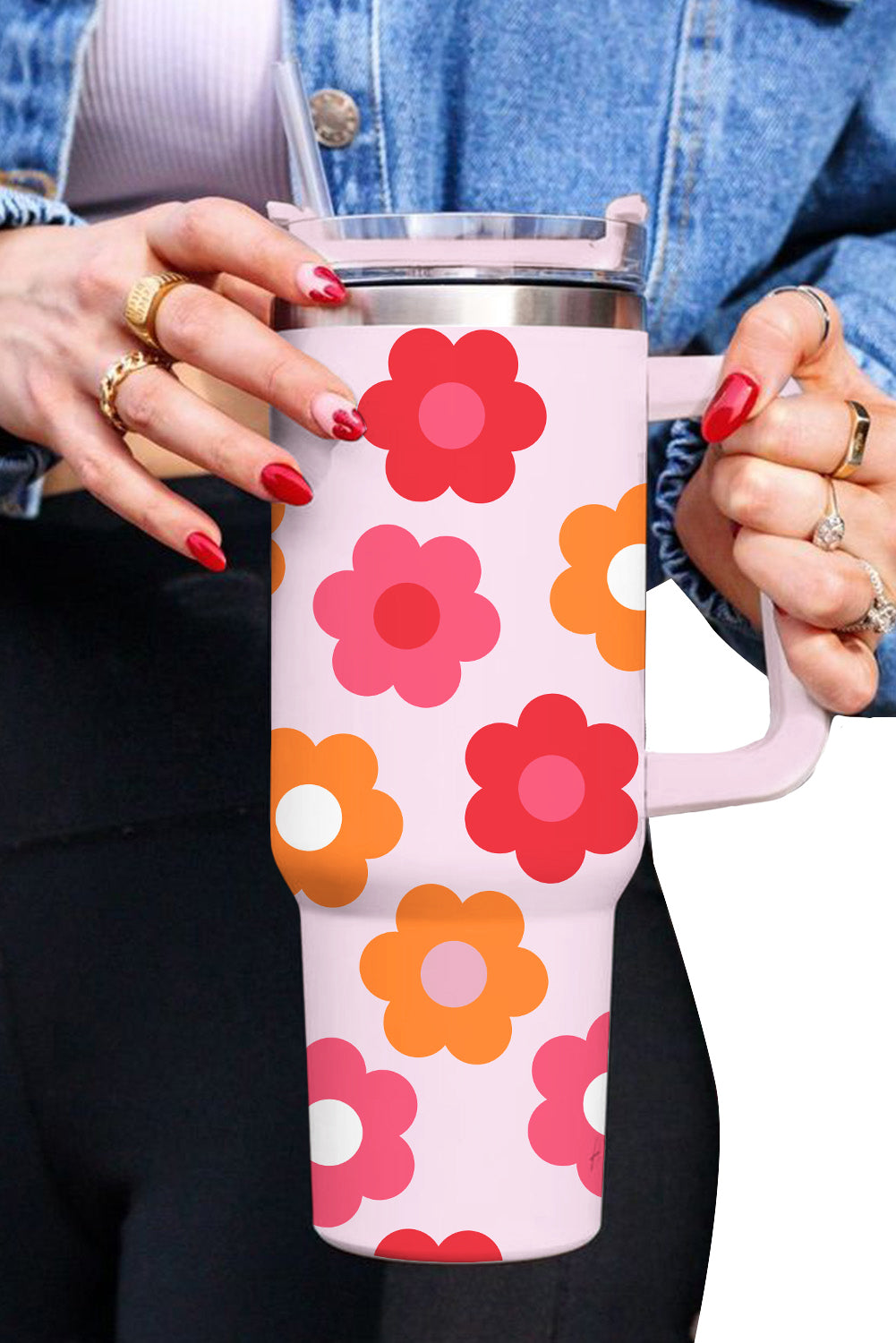 Multicolor Flower Print Handled Stainless Steel Vacuum Cup Tumblers JT's Designer Fashion
