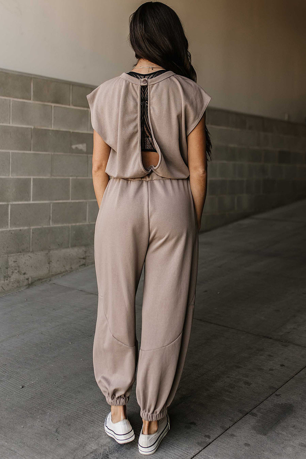 Light French Beige Cap Sleeve Open Back Drawstring Jogger Jumpsuit Bottoms JT's Designer Fashion