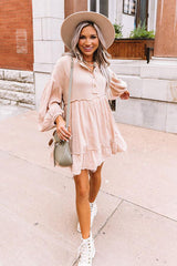 Oatmeal Crinkle Distressed Puff Sleeve Flared Dress Dresses JT's Designer Fashion